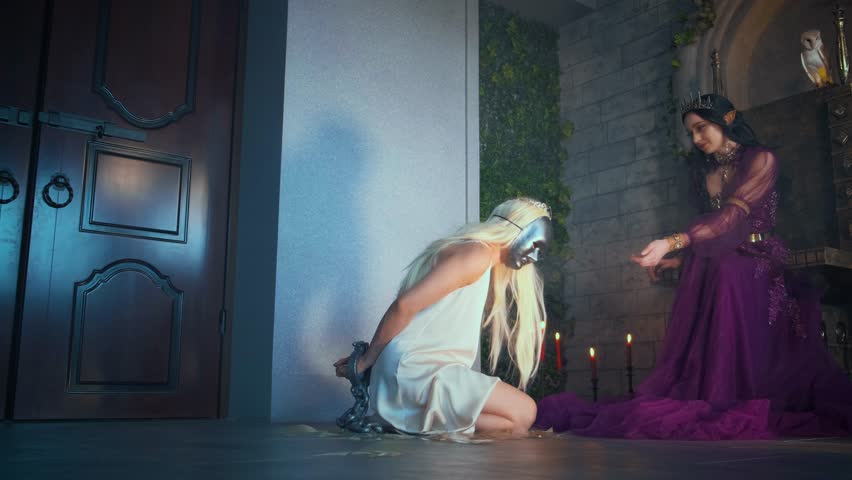 Artwork fantasy fairy evil insidious revenge woman queen sits on throne. Punishes captive slave girl princess metal chains. Shackles on hands, mask on face, kneels. Backdrop medieval ancient room. 4k