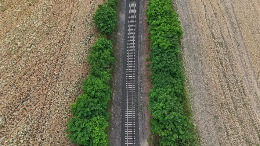 Aerial drone view of railway tracks running between green bushes, symbolizing transportation, travel, engineering, and harmony of infrastructure with nature.