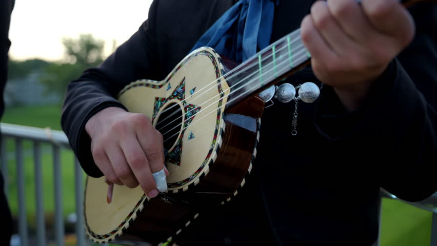 Musician playing a traditional string instrument, mariachi band, wearing a dark suit with decorative details