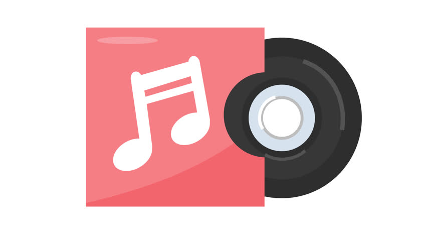 Vinyl record and album cover logo in a cartoon animation. Analog music playlist icon. Animated music player entertainment symbol. Alpha channel. Seamless looping.