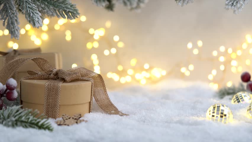 Christmas Holiday background with snow, fir tree gift box and decorations with christmas light behind. Christmas balls on a winter festive background. - Powered by Shutterstock - Get 15% off with code: PIKWIZARD15