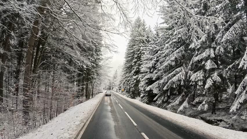 slow motion of a car moving along a forest road in winter