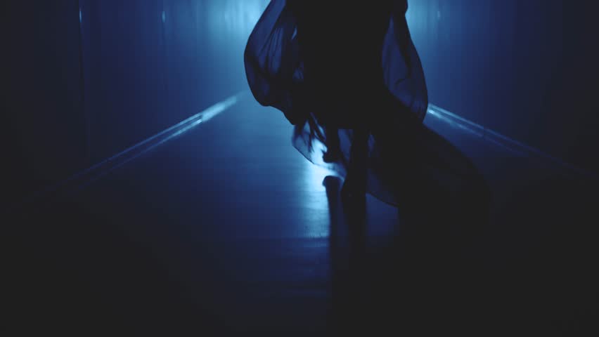 dark silhouette woman running away along black corridor hall. Adult girl in long train hem skirt silk fabric dress fly in slow motion back rear view horror creepy night scene blue color light film.