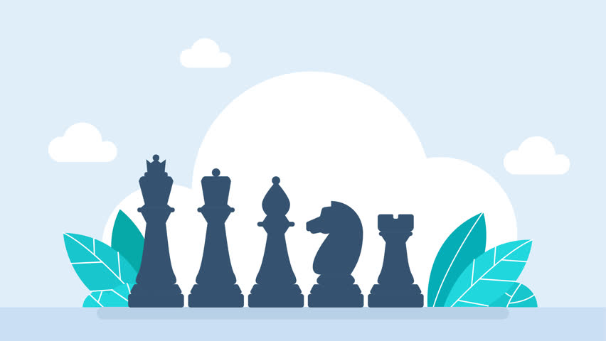 Chess pieces. King, queen, bishop, pawn, knight, knight, rook. Icon set. Board game. Black silhouettes. Pawn falls from above. Outline set of chess icons for web design. 2D animation.