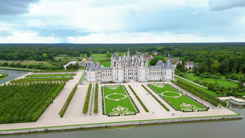 Aerial view of Château de Chambord, the largest and most majestic castle of the Loire Valley in France. Renaissance masterpiece with distinctive towers and intricate roofline, surrounded by vast park