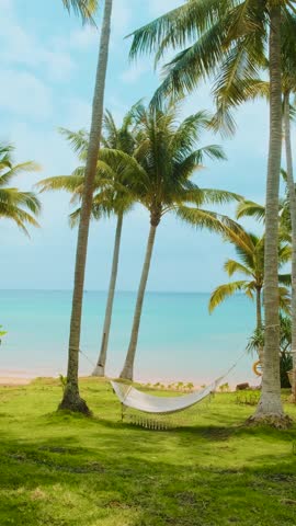 Hammock hanging between palm trees on tropical beach with turquoise sea and green grass with nobody, paradise setting for relaxation, summer vacation and peaceful escape, Phu Quoc island, Vietnam