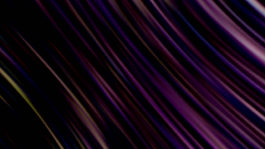Flow of violet, purple, rustic brown, blue, pink, light green, pale yellow curved lines on black background. Abstract multicolor lines bend. Sliding rays, stripes motion. Peacock feather color palette