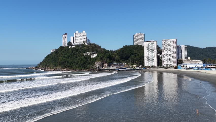 Porchat Island In Sao Vicente Sao Paulo Brazil. Aerial View Of Stunning Beach With Crystal Clear Waters. Holiday Skyline Idyllic Vibrant. Holiday Watercolor Shore. Sao Vicente Sao Paulo.