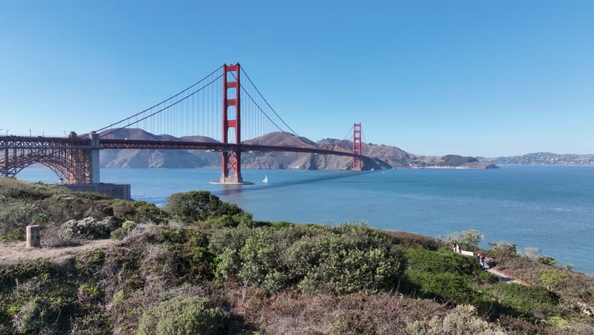 Golden Gate Bridge In San Francisco California United States. Bridge Showcasing The Traffic Flowing Across In The City. Town Sky Clouds Backgrounds Urban. Town Outdoor Up Above.