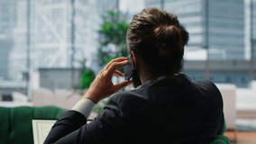 CEO engages in a phone call briefing with investor and sharing insight on sales analytics, discussing about a potential investment for growth. Partnership opportunities and ideas. Camera B. - Powered by Shutterstock - Get 15% off with code: PIKWIZARD15