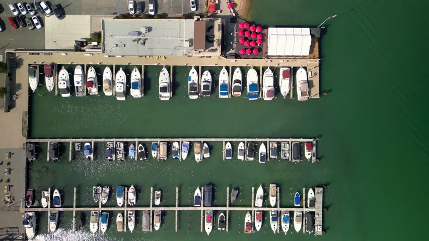 Aerial view of Motor city Marina with many boats in Wyandotte, Michigan.