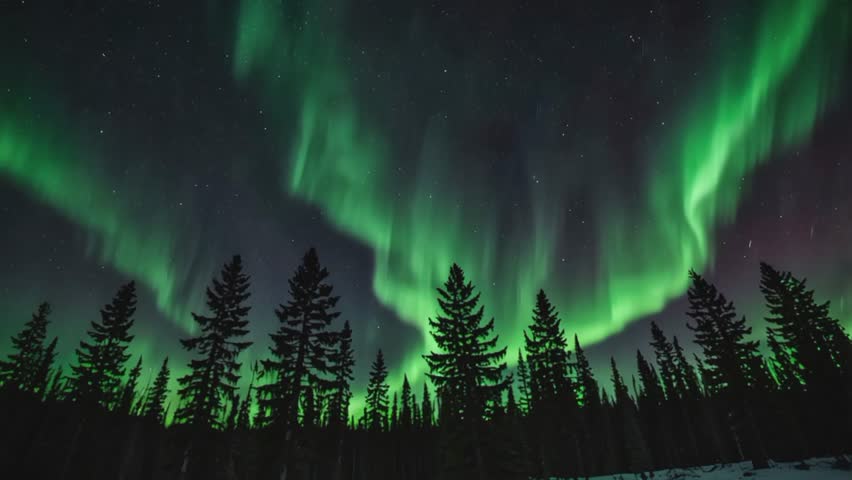 A spectacular view of the aurora borealis. Bright green light radiates across the dark night sky, forming curtains and ribbons that meander above the pine forest shrouded in darkness.