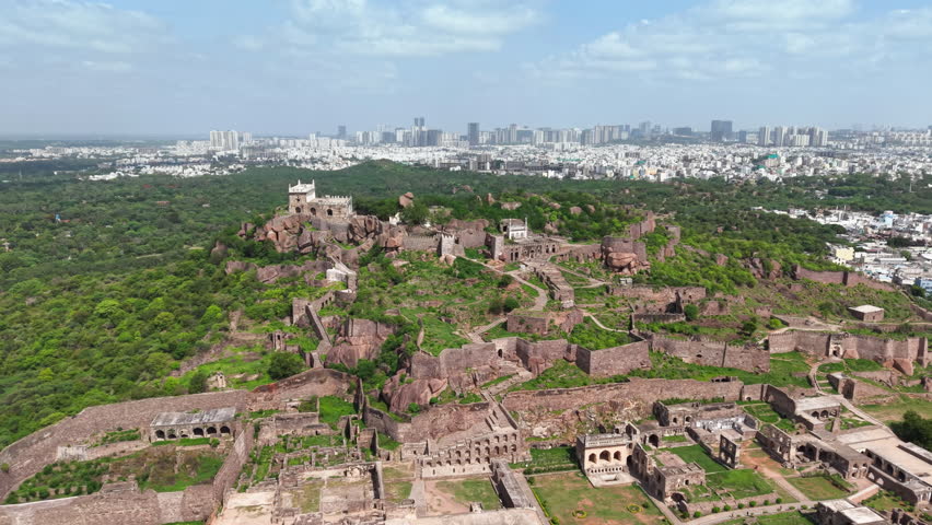 Hyderabad, India: Aerial view of famous Golconda Fort in capital and largest city of Indian state of Telangana - landscape panorama of South Asia from above