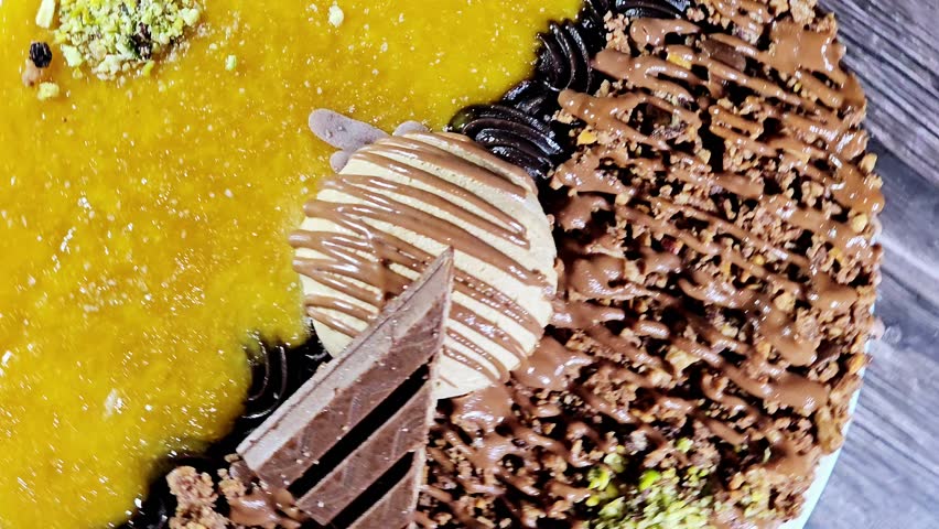 Ice cream cake, on a sponge cake layer, topped with chocolate pieces and cream and sauce, chunks of chocolates with pistachio pieces, half mango and half chocolates, summertime and holidays concept