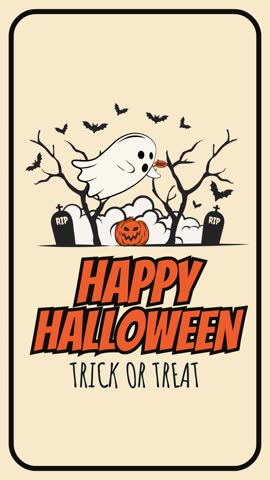 Vertical Halloween animation with a cute ghost shouting “BOO!!”, pumpkins, bats, and tombstones on a beige background. Ideal for greeting cards, party invitations, social media posts, and event promos