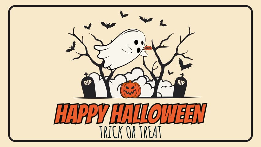 4K Halloween animation with ghost saying “BOO!!”, pumpkins, tombstones, bats, and “Happy Halloween Trick or Treat” text on beige background, perfect for greeting cards, party invites, and event promos