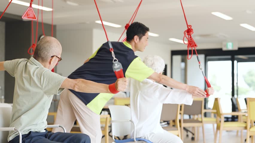 Elderly people receiving sling therapy at a nursing home
