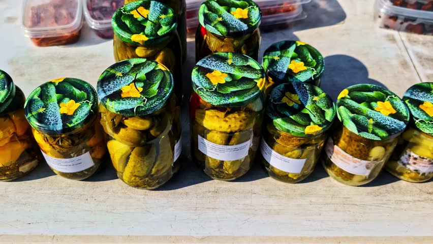 Closeup view of fresh pickles in jars arranged neatly on market counter display