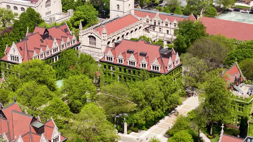University of Chicago Campus, Drone Shot of Hall Buildings With Towers and Climbing Plants, Illinois USA