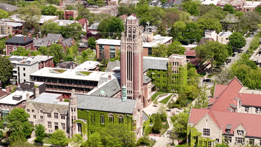 Drone Shot of University of Chicago and Saieh Hall for Economics Building With Climbing Plants, Illinois USA