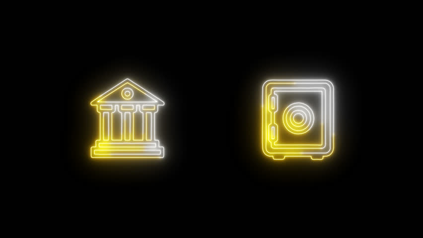 A glowing neon bank icon and safe against a black backdrop with alpha for title overlays.