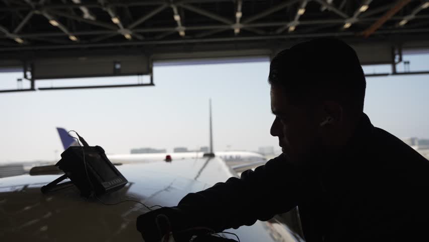 Aircraft Inspector performing an Eddy current Inspection on the skin at the top of a 757 commercial airplane, inside a hangar.