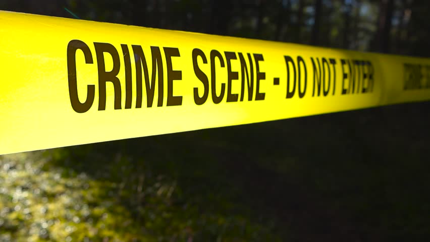 Close up view of a yellow colored police Crime Scene investigation tape ribbon in front of a forest area while sunlight is backlighting the tape. Shallow depth and bokeh blurry background, trees.