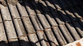 Close-up of old, weathered roof tiles covered in moss and lichen, with strong sunlight casting shadows. Rustic, textured surface ideal for backgrounds. - Powered by Shutterstock - Get 15% off with code: PIKWIZARD15