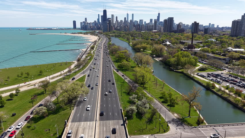 Chicago USA, Establishing Drone Of Downtown Skyline From Lake Shore Drive on Sunny Day