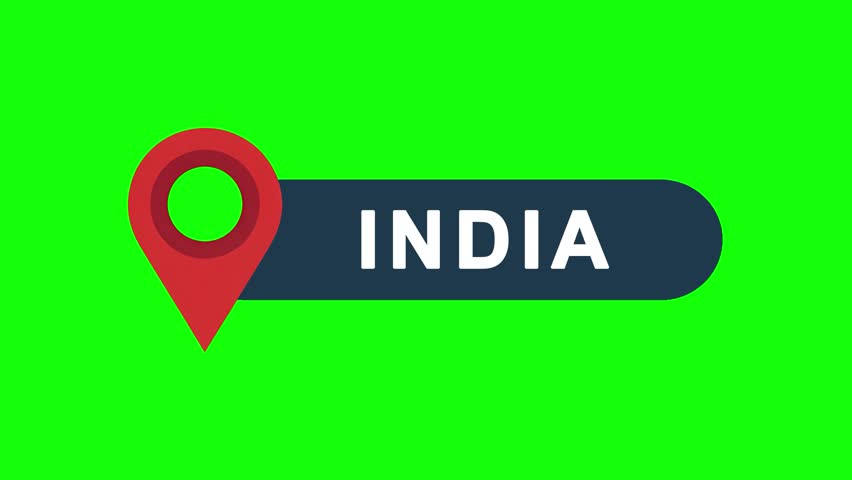 India GPS location pin animation with map point tracking marker and name tag isolated on green screen with chroma key ideal for navigation, travel and geography