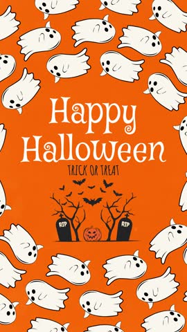 Festive vertical Halloween animation featuring cute flying ghosts, orange background, spooky graveyard scene, bats, and pumpkins. Perfect for party invites, social media reels, and holiday ads.