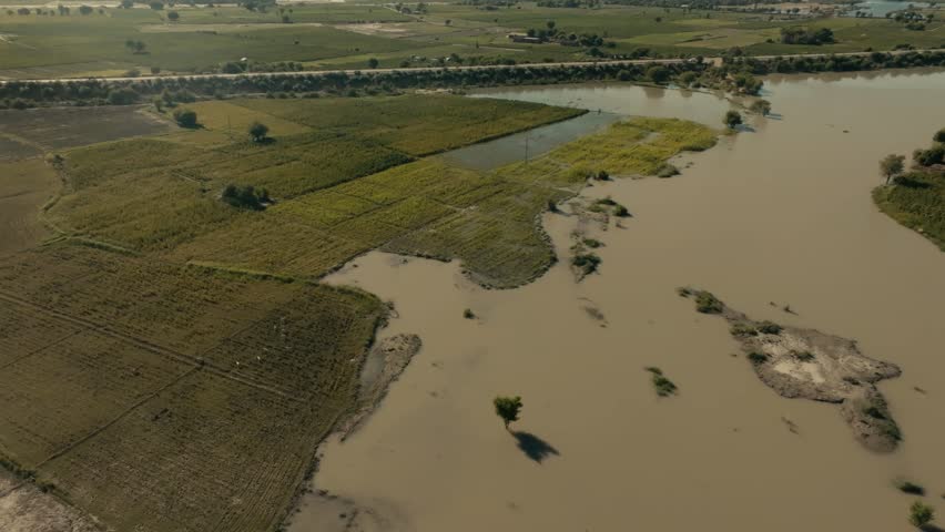 Aerial view of muddy floodwaters submerging crops and fields in Punjab, Pakistan, highlighting the impact of natural disasters on agriculture