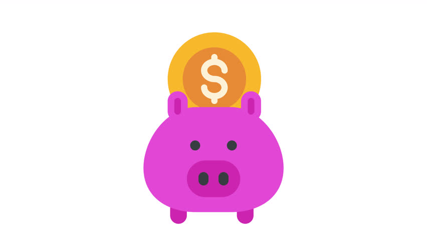Animated pink piggy bank with a gold coin, symbolizing savings, investment, and financial security in a simple and engaging visual.
