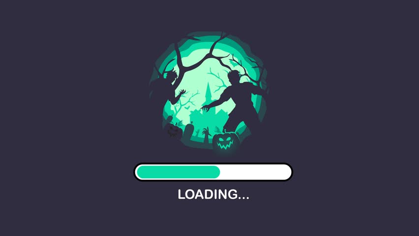 4K Halloween animation featuring zombies, haunted graveyard, glowing pumpkins, and eerie trees with a loading bar. Perfect for horror game intro, spooky countdown, or Halloween event teaser.
