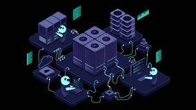 Isometric data center or server room animation. Data center connection network. Cloud storage. Isometric high technology concept. Transparent background with alpha channel - Powered by Shutterstock - Get 15% off with code: PIKWIZARD15