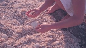 Close-up of child's hands picking seashells while sitting on a beach covered with shells and coral fragments, summer vacation concept - Powered by Shutterstock - Get 15% off with code: PIKWIZARD15