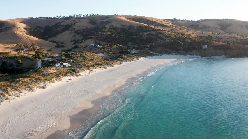 Drone view of pristine white sand Snelling Beach beach at sunset, Kangaroo Island, South Australia