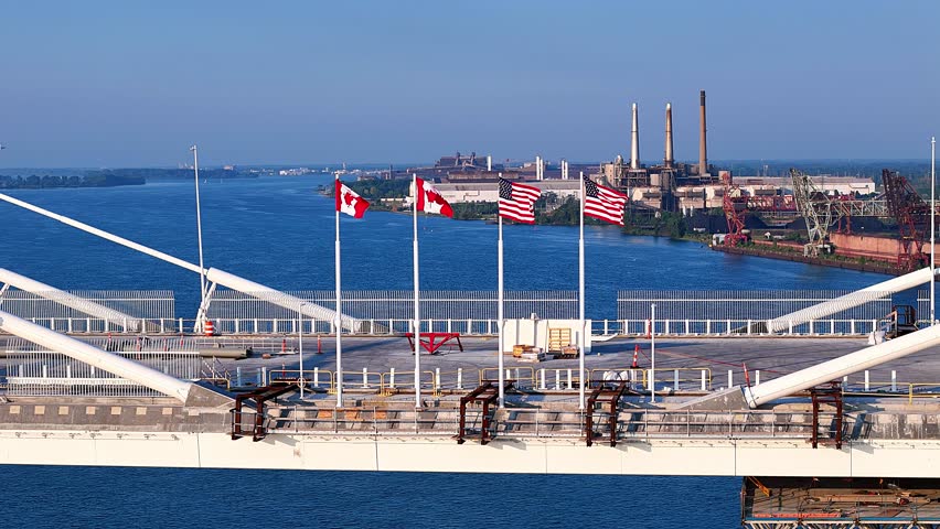 International border on Gordie Howe Bridge connecting USA and Canada over Detroit River, Detroit Michigan