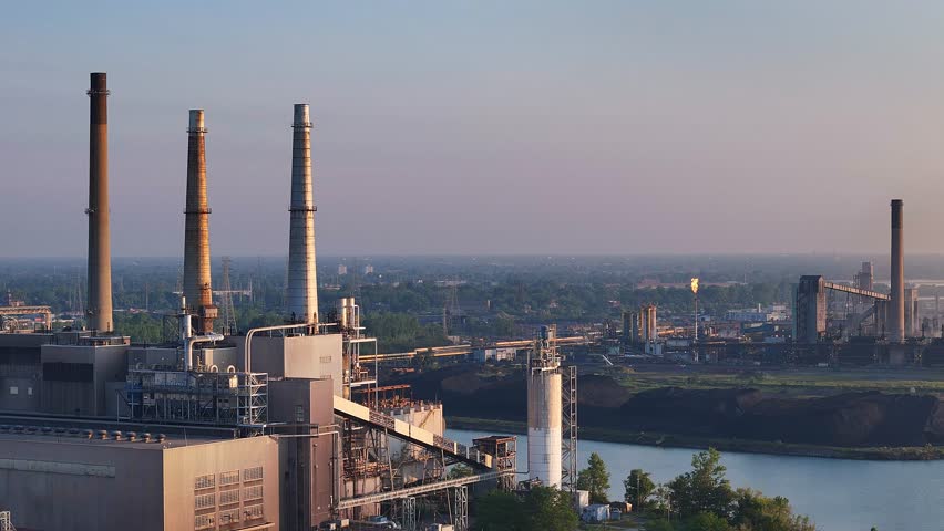 DTE River Rogue Power Plant and smokestacks on Detroit River in Michigan