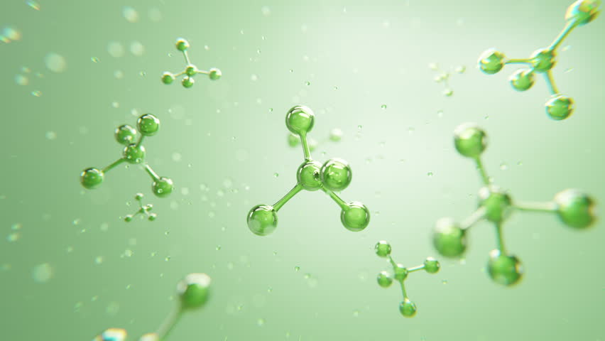 Floating green active molecules in a clean light space. Ideal for natural skincare, organic ingredients, and botanical cosmetic visuals.