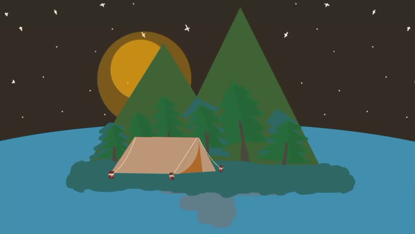 Night camping under stars with tent by lake. Mountain landscape with moonlight. Calm and quiet outdoor scene. Animated night view.