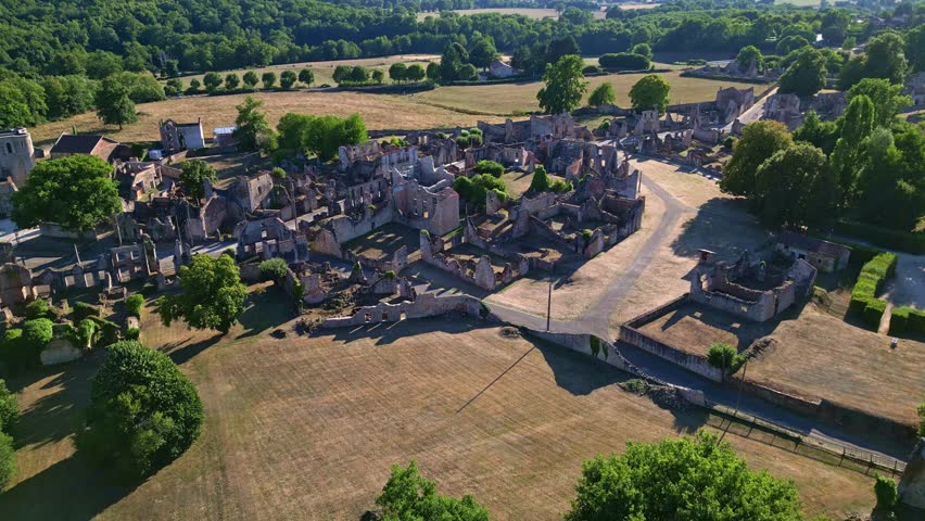 Drone shot of the historical Village martyr d'Oradour-sur-Glane ancient ruins, Haute-Vienne, France.