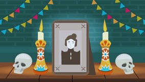 Colorful Día de los Muertos animation featuring a traditional altar with portraits, candles, marigold flowers, and offerings. Perfect for cultural celebrations, holidays, and creative festive projects - Powered by Shutterstock - Get 15% off with code: PIKWIZARD15