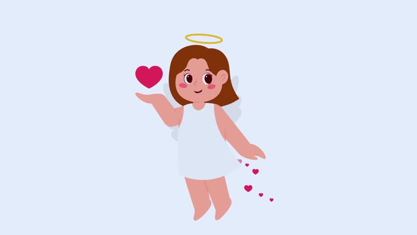 Animated angel girl with glowing wings spreading flying hearts of love. Perfect for Valentine’s Day greetings, romantic cards, holiday projects, and love-themed festive designs.