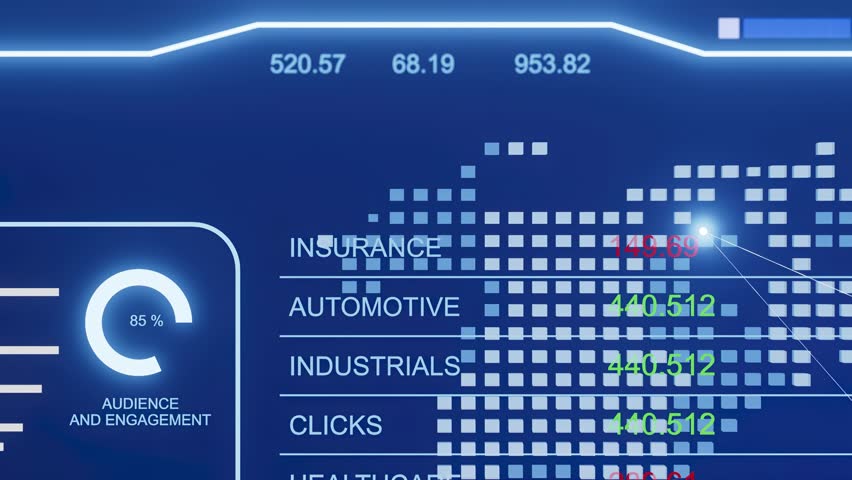 A blue screen with a map of the world and a list of industries.