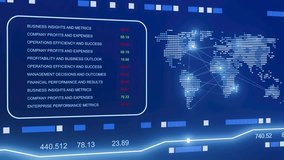 A computer screen shows a map of the world with a list of business metrics. The metrics include business profits and expenses, company performance, and financial performance metrics - Powered by Shutterstock - Get 15% off with code: PIKWIZARD15