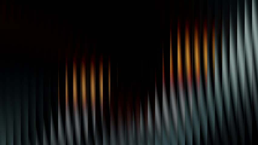 Mysterious and moody abstract background with warm fire-like amber light on dark vertical lines. A cinematic and elegant seamless loop animation with a central dark copy space for titles in 4K.
