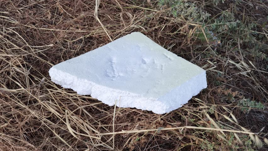 Piece of styrofoam polluting dry grass in nature representing environmental damage