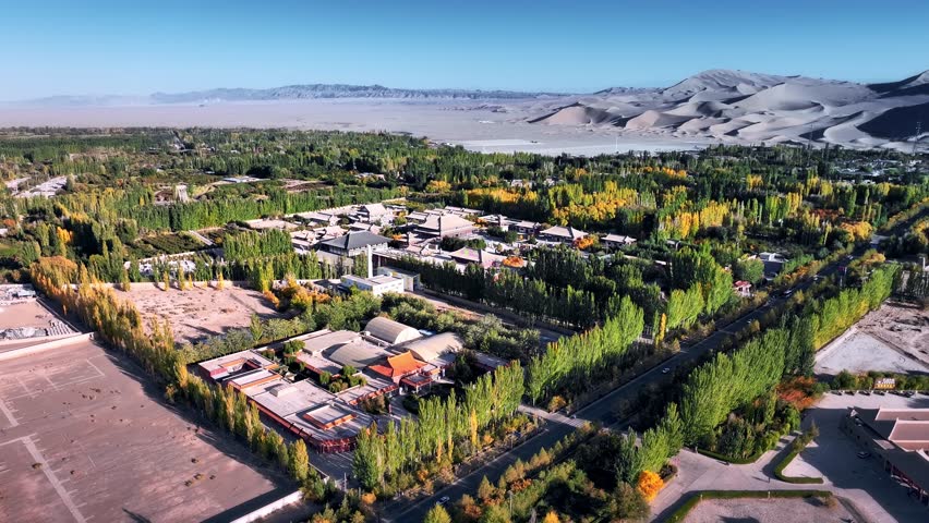 aerial view of the beautiful crescent moon spring, famous tourist destination on the silk road, dunhuang city, gansu province, China.