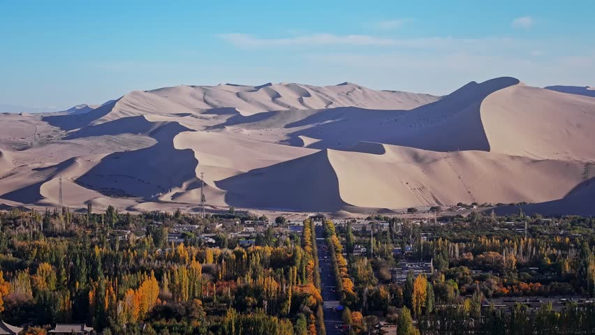 aerial view of the beautiful crescent moon spring, famous tourist destination on the silk road, dunhuang city, gansu province, China.